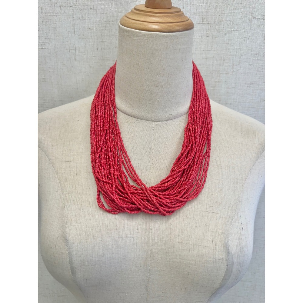 Coral Multi Strand Seed Bead Necklace Crochet Band Wood Button Boho Statement